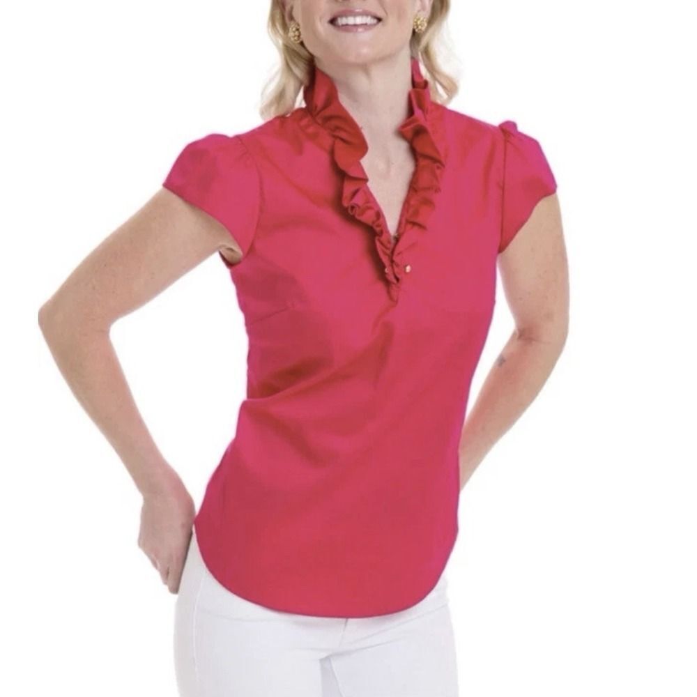 Elizabeth McKay Red Ruffle Sleeve Blouse. Side Zipper. Sz 6